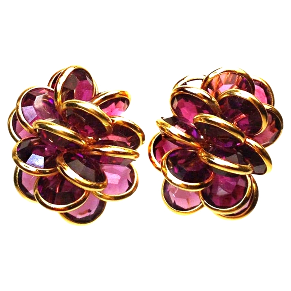 Vintage Purple SWAROVSKI Crystal Cluster Earrings trimmed in Gold ~~CLIPS~~~